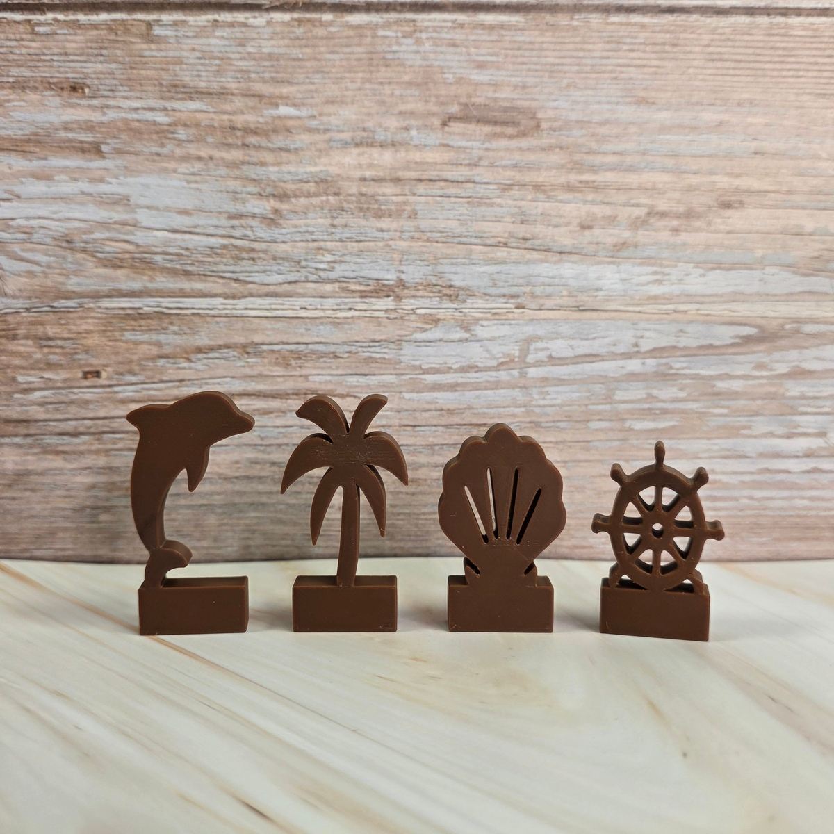 3D Druckdatei Motivklötzchen Maritim Muschel, Steuerrad, Delfin & Palme STL