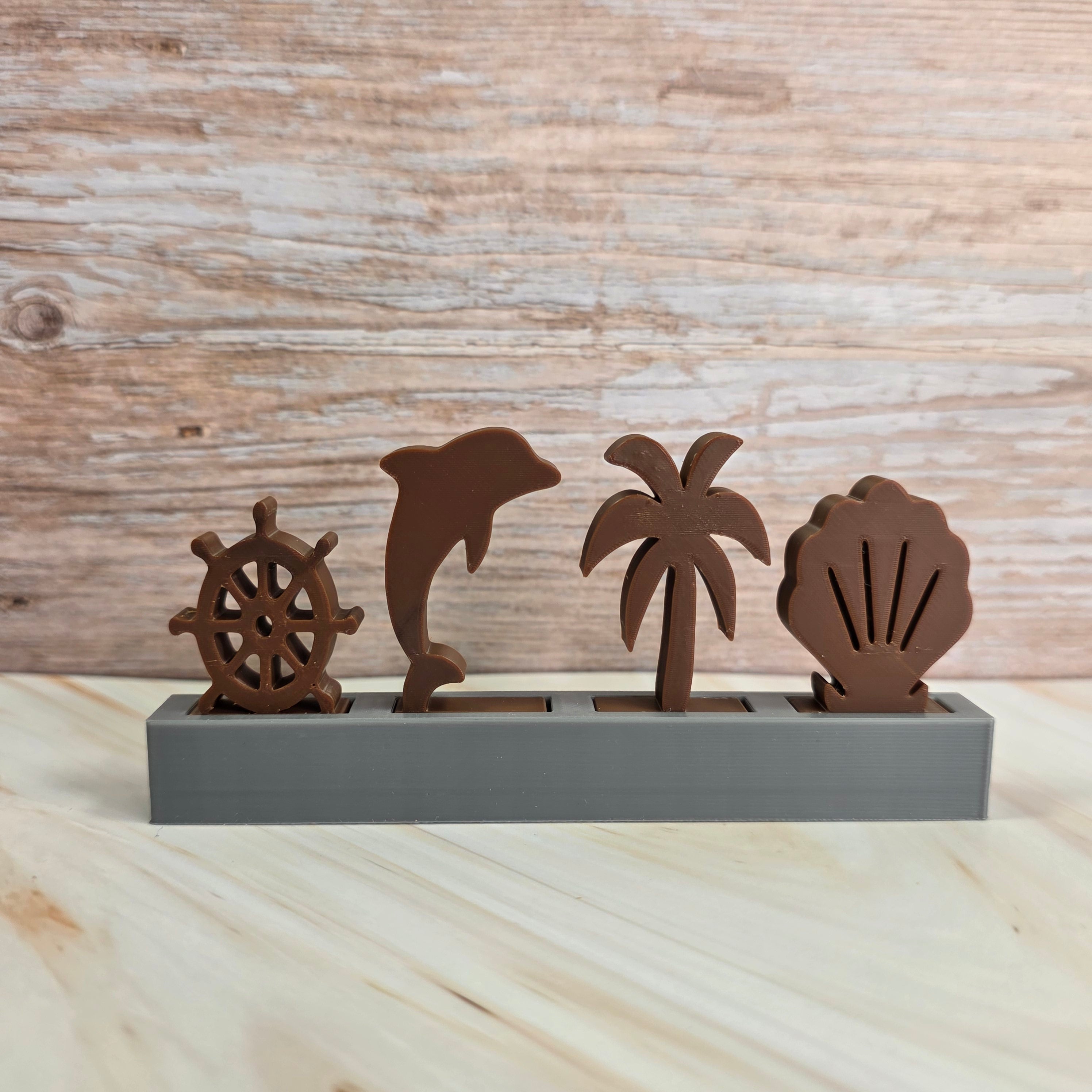3D Druckdatei – Motivklötzchen Maritim – Muschel, Steuerrad, Delfin & Palme – STL