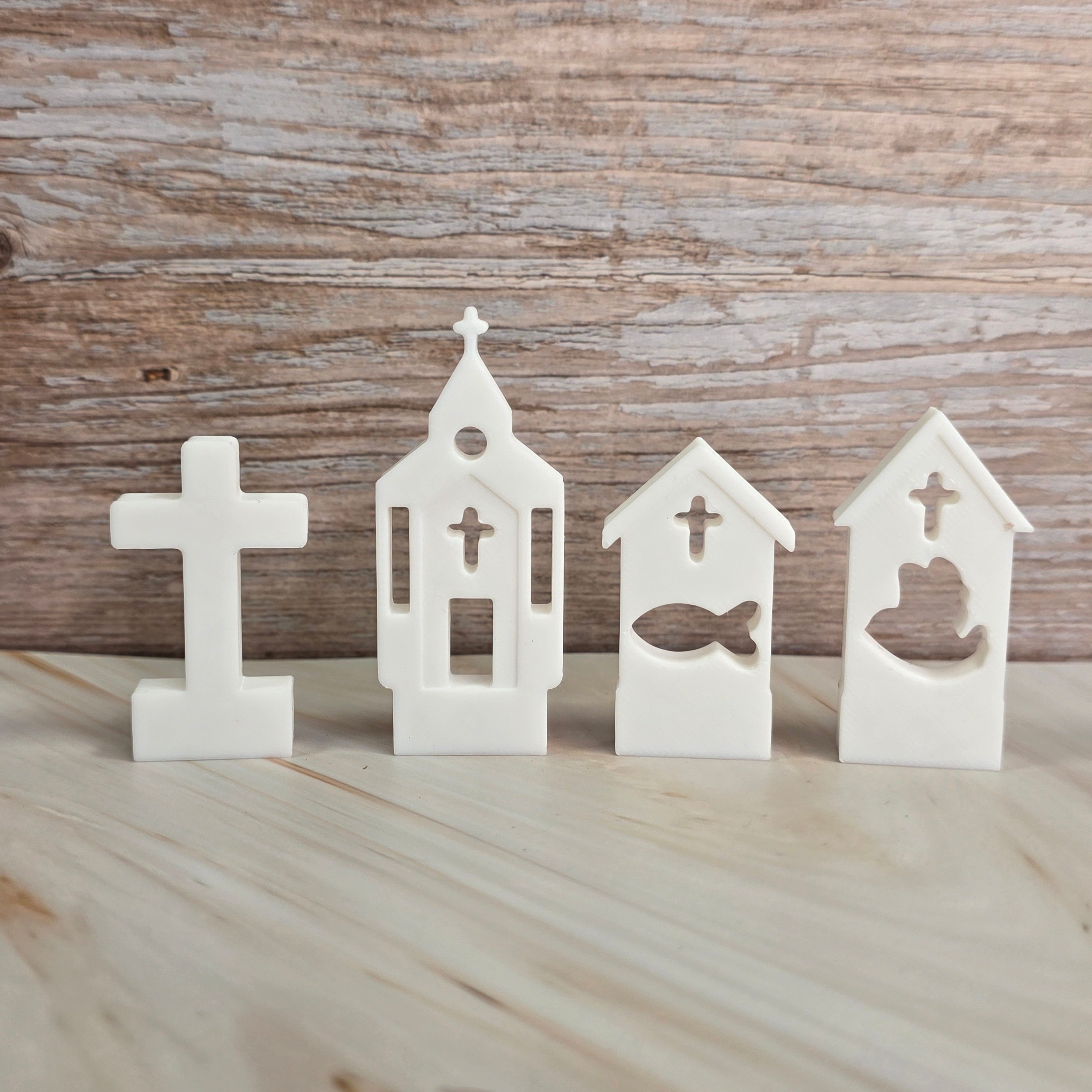 3D Druckdatei – Motivklötzchen Kirchenset – Kreuz, Kirche,Taube,Fisch - STL