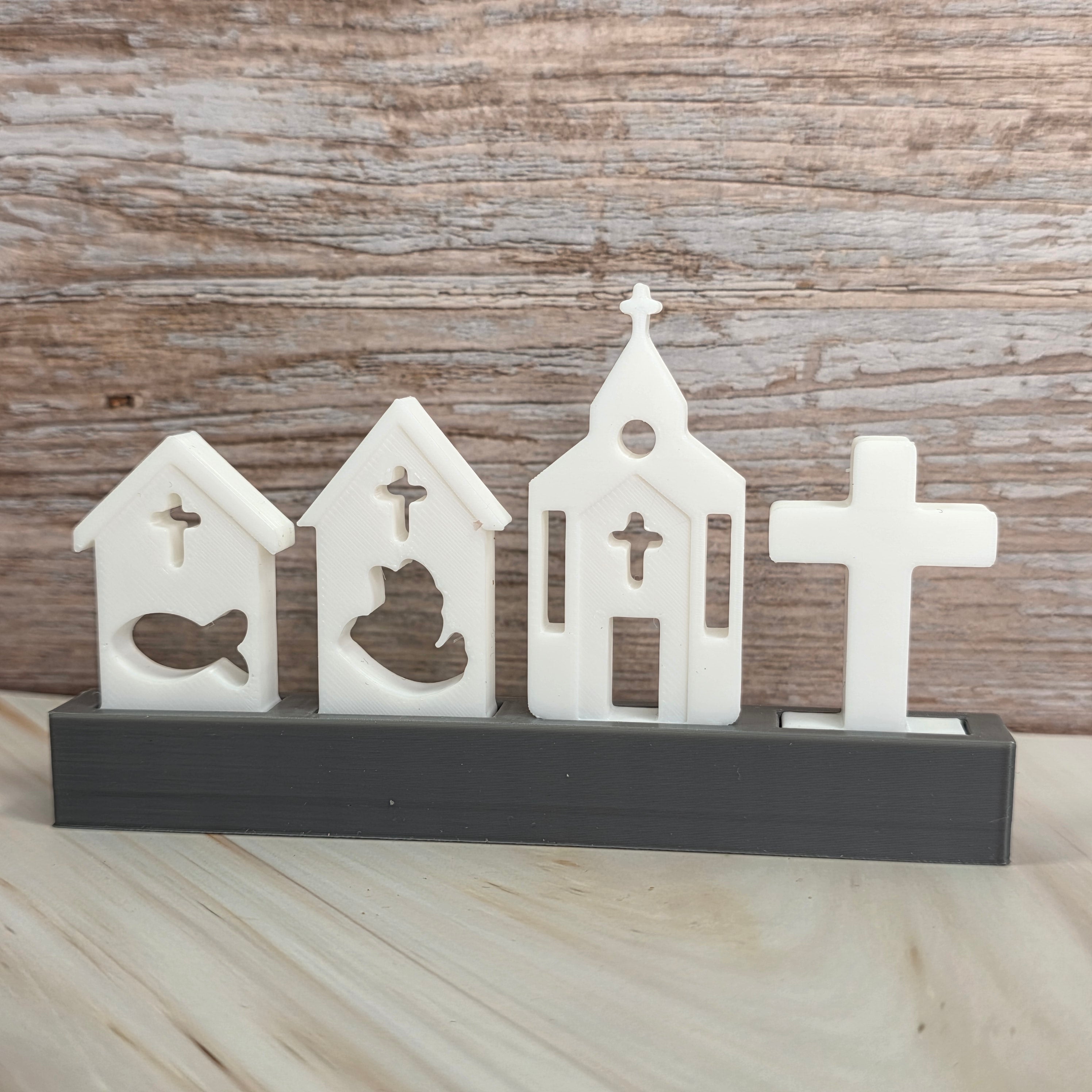 3D Druckdatei – Motivklötzchen Kirchenset – Kreuz, Kirche,Taube,Fisch - STL
