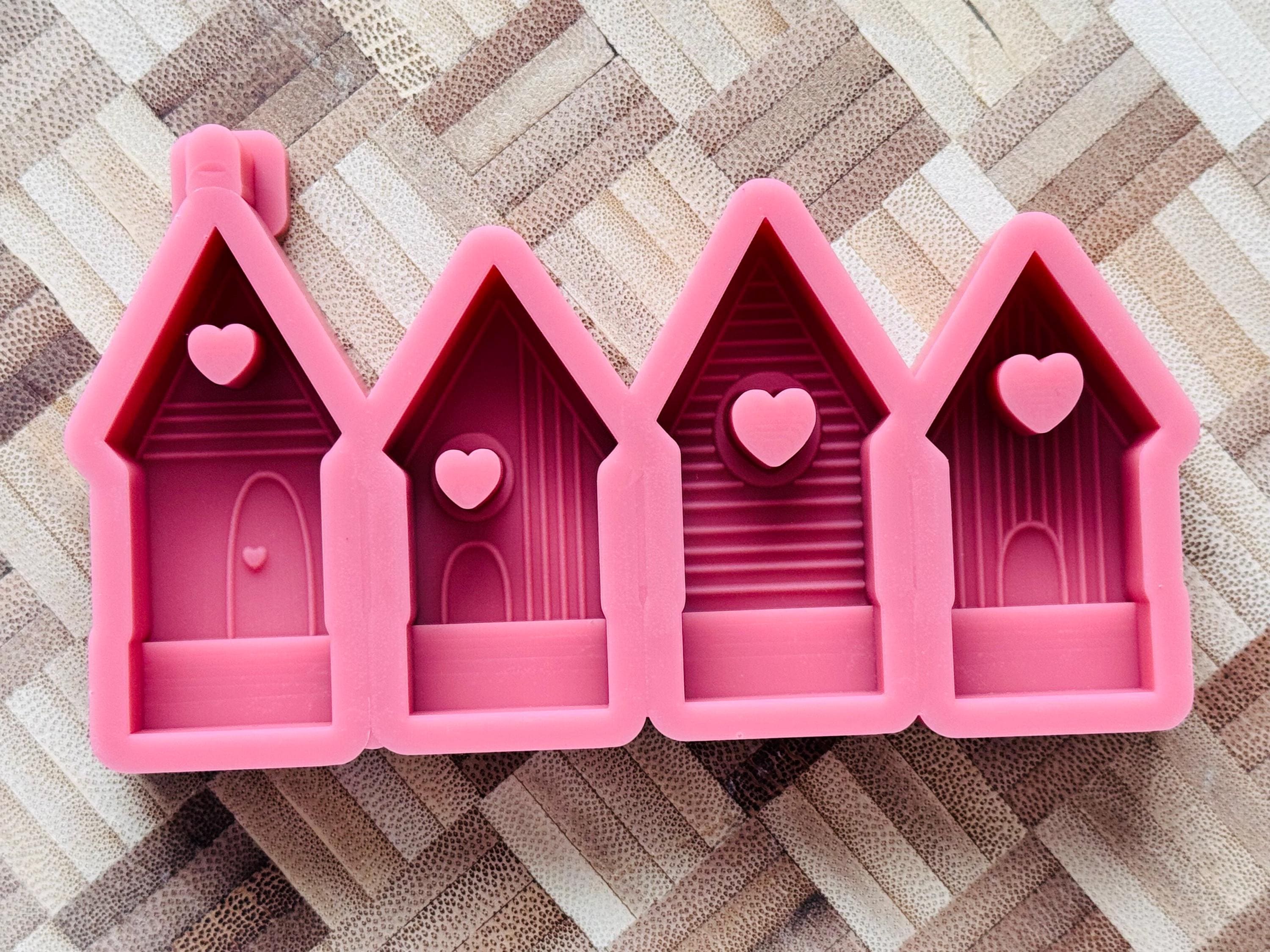 Silikon - Gießform - Klötzchenhäuser - Maritimhäuser 4 mit Herzen offen - Klötzchen - Häuserkranz -