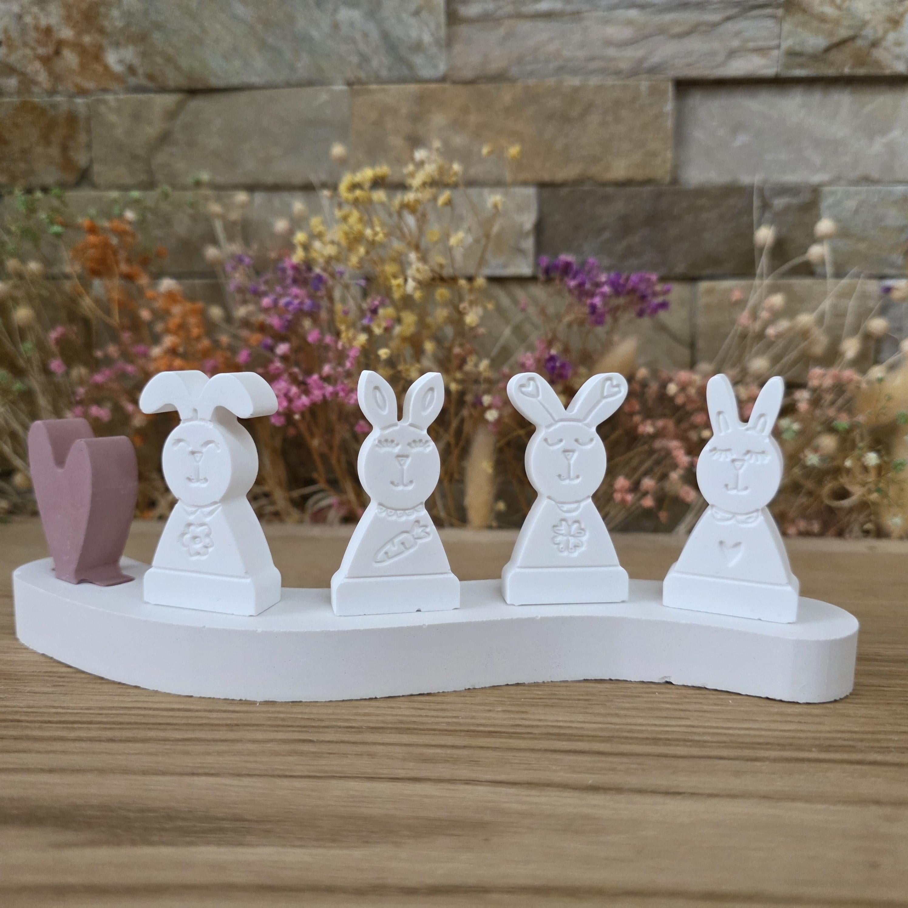 Silikon – Gießform – Steckform Hoppelquartett – 4 Hasen auf Mini-Sockel