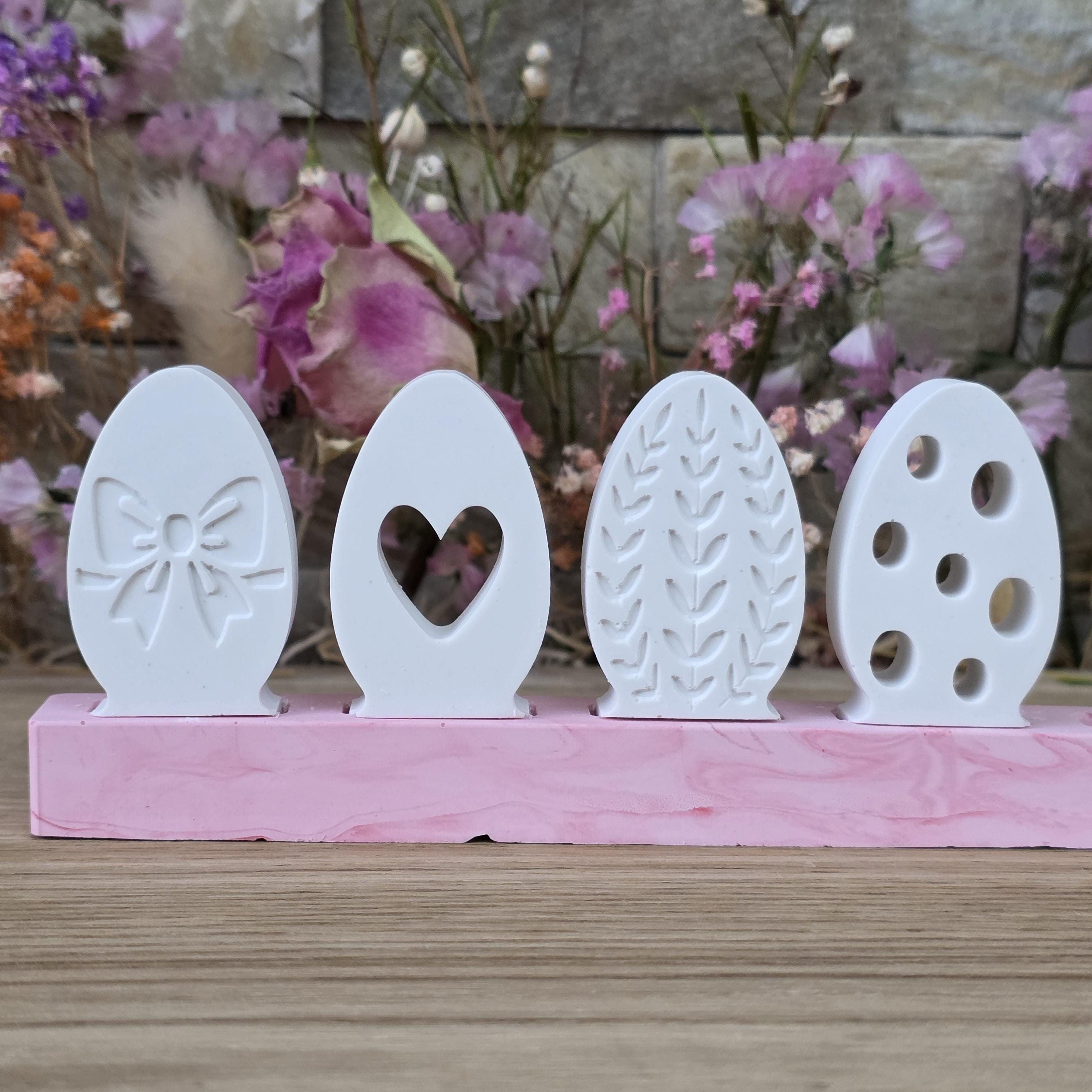 Silikon – Gießform – Steckform Eier-Set – Schleife, Herz & Gravuren