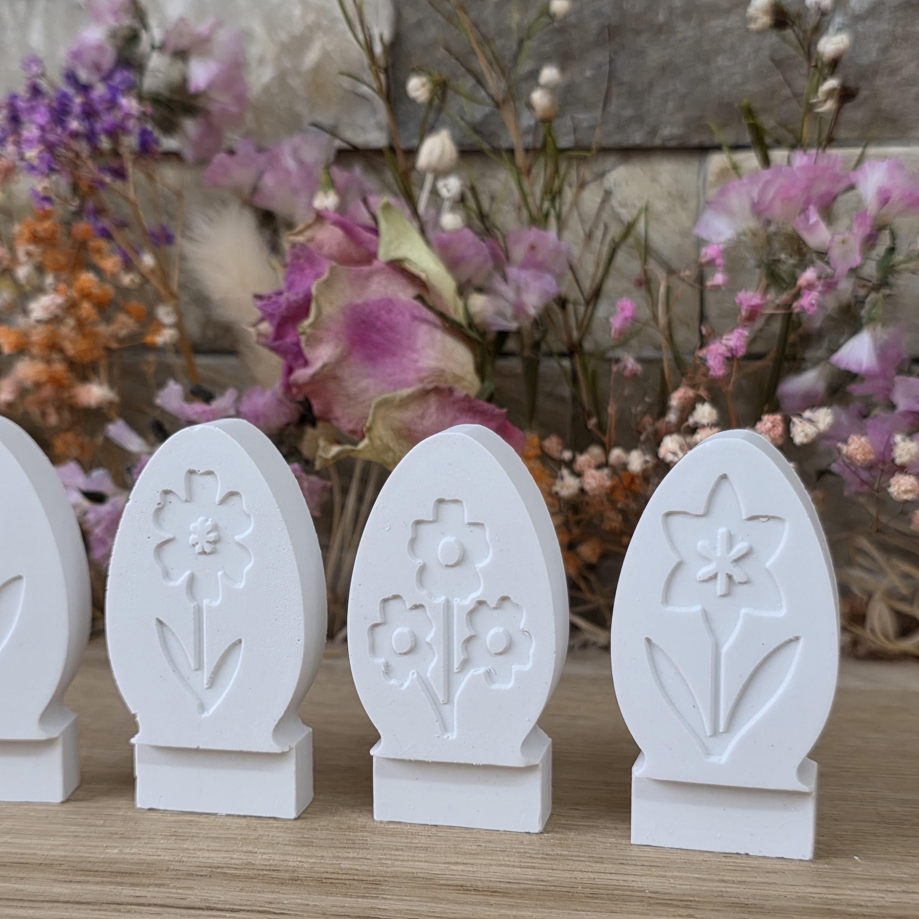 Silikon – Gießform – Steckform Eier 4er-Set – mit Frühlingsblumen