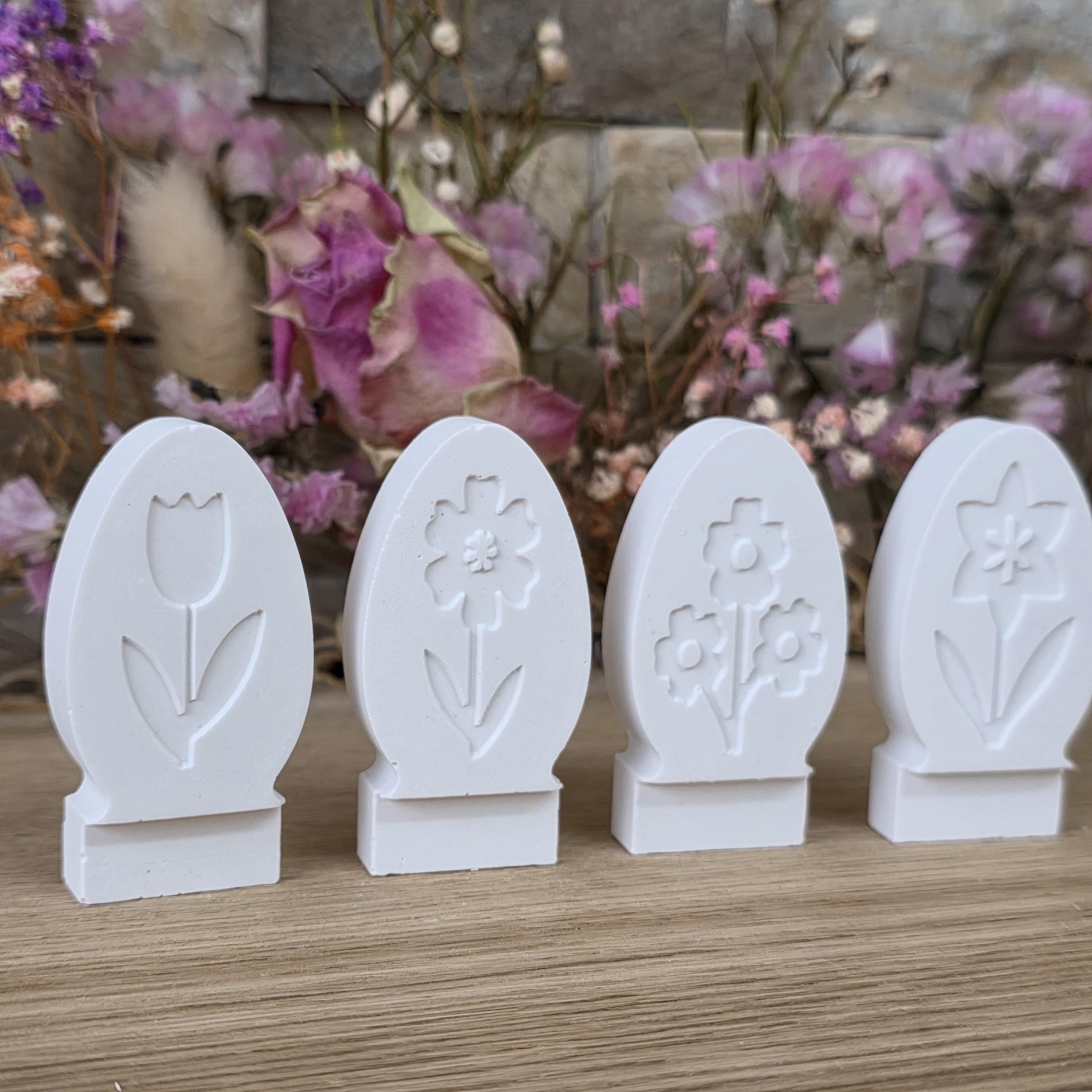 Silikon – Gießform – Steckform Eier 4er-Set – mit Frühlingsblumen