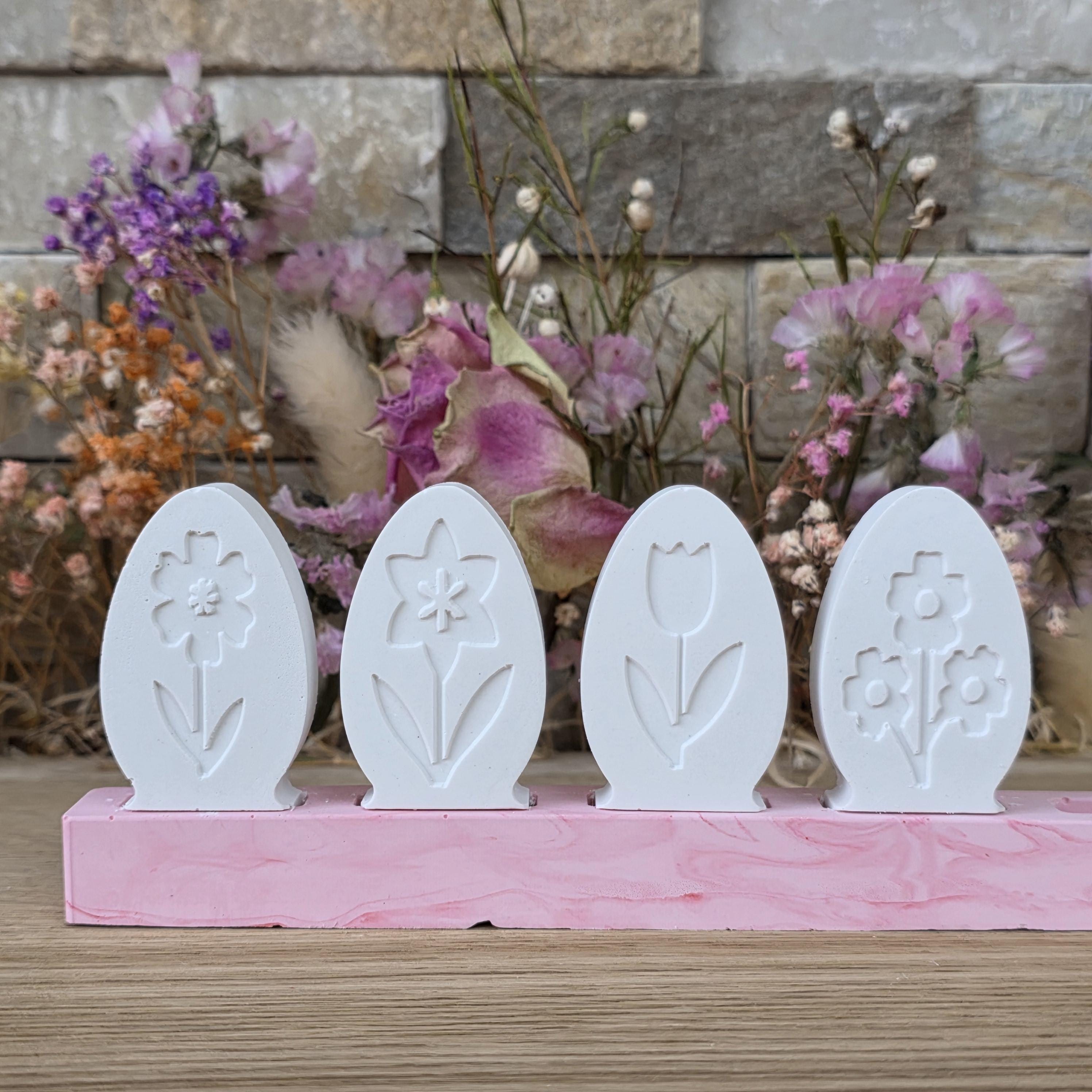 Silikon – Gießform – Steckform Eier 4er-Set – mit Frühlingsblumen