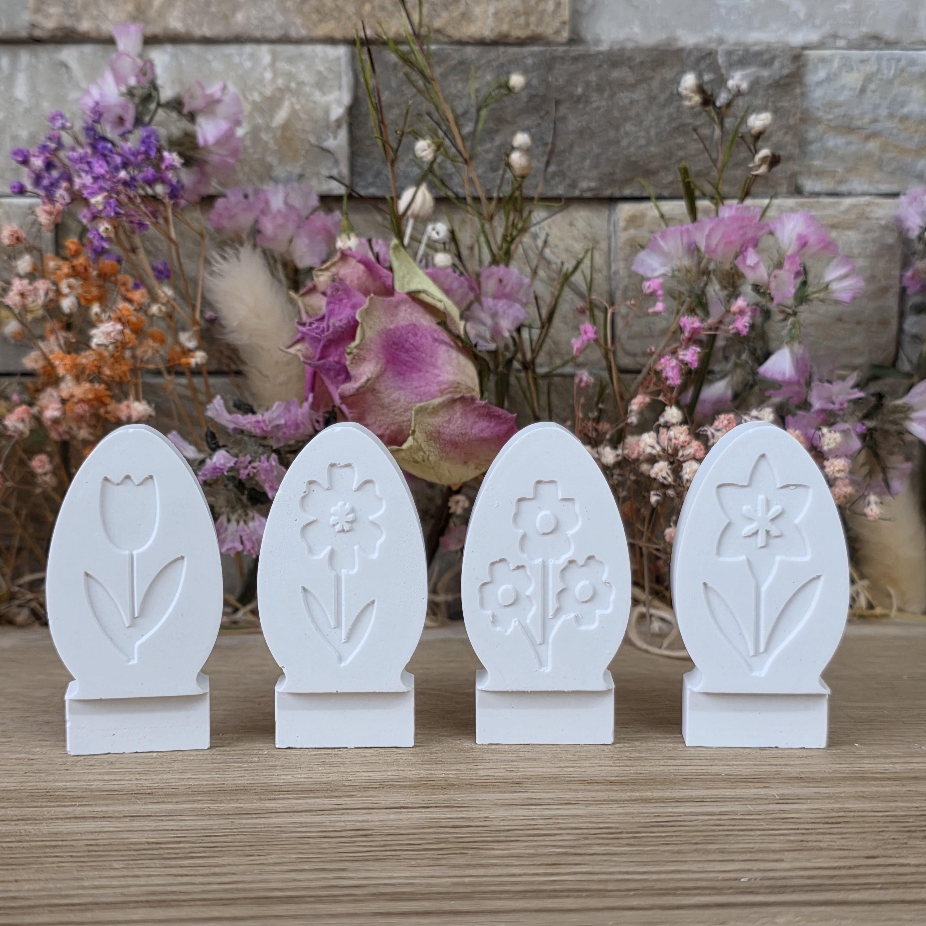 Silikon – Gießform – Steckform Eier 4er-Set – mit Frühlingsblumen