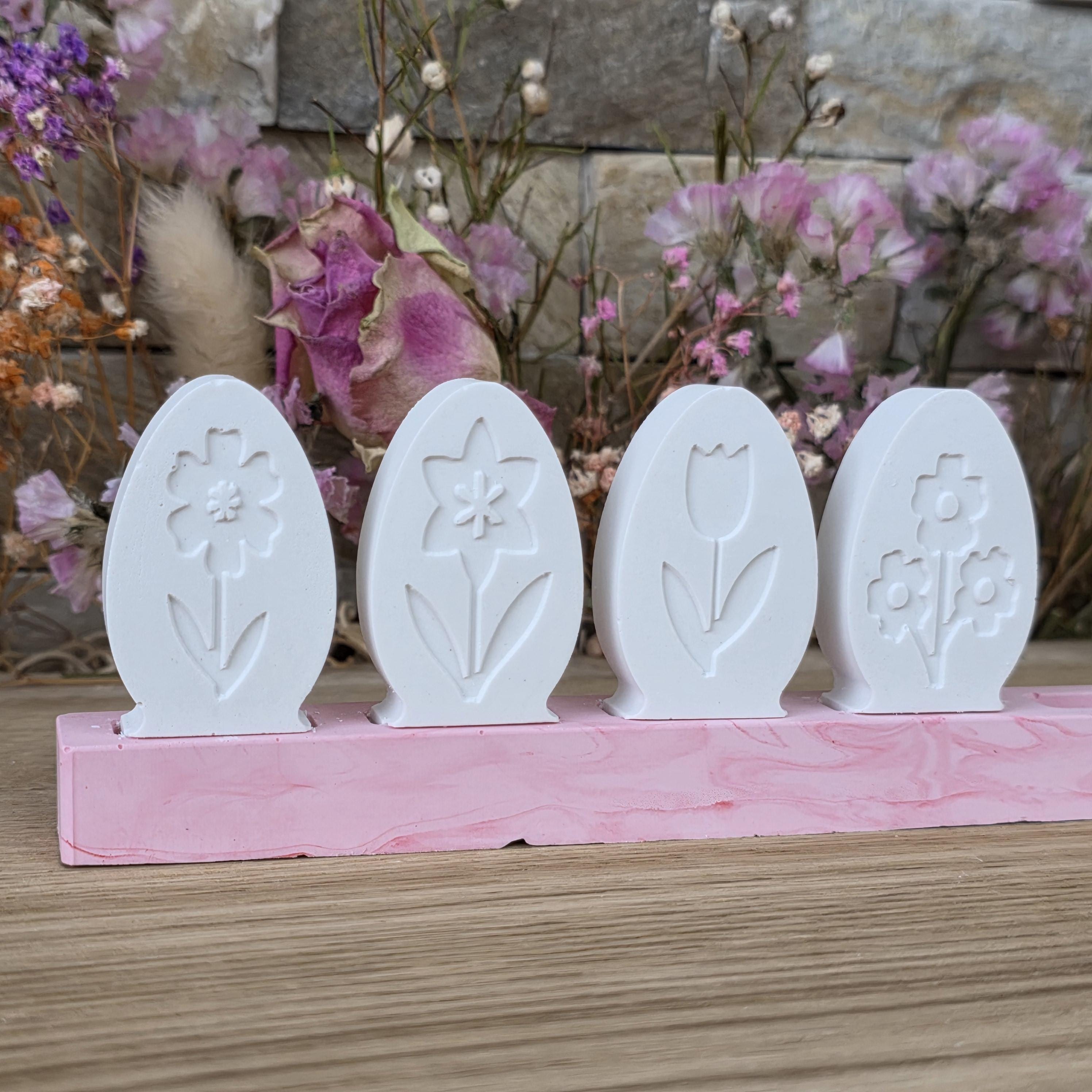 Silikon – Gießform – Steckform Eier 4er-Set – mit Frühlingsblumen