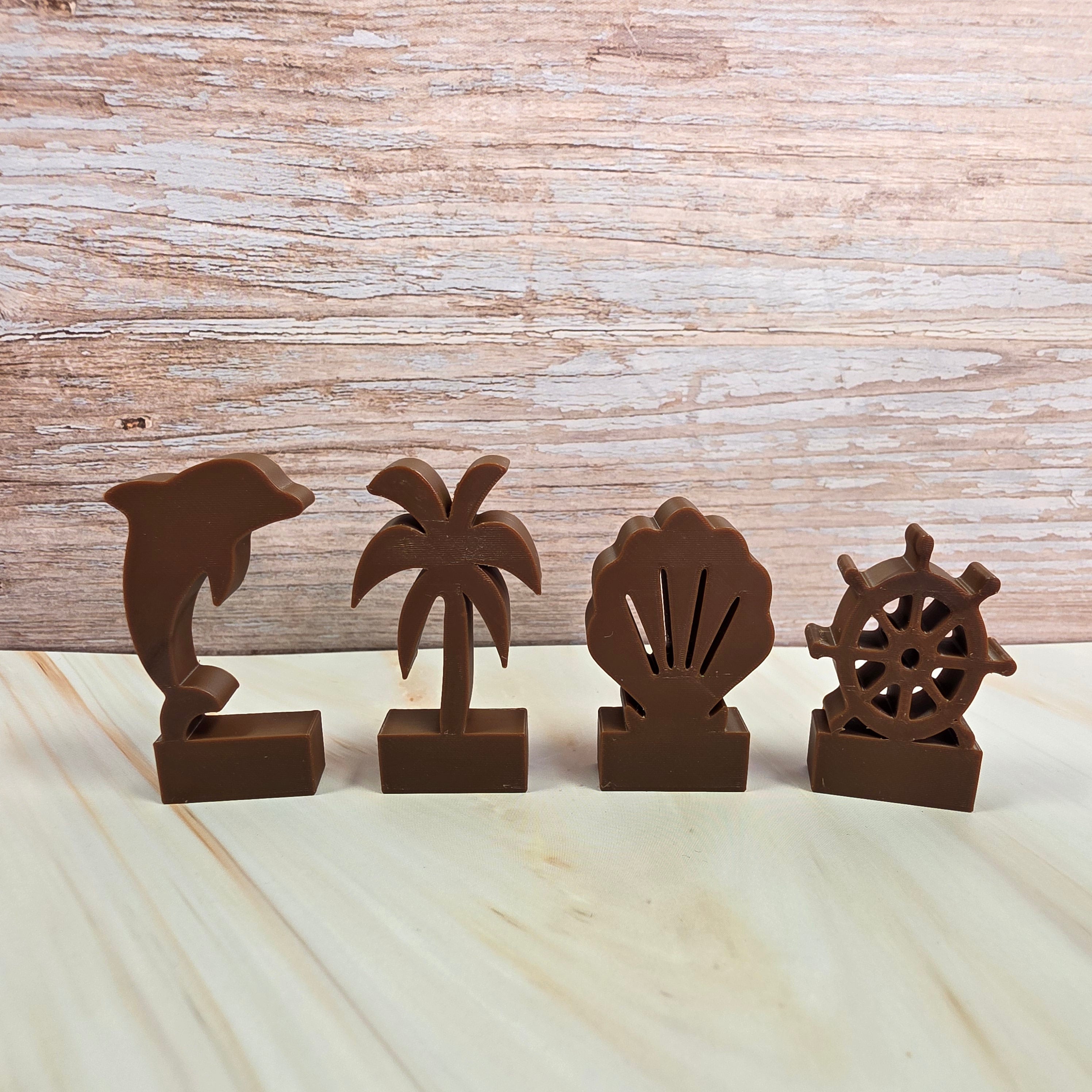 3D Druckdatei – Motivklötzchen Maritim – Muschel, Steuerrad, Delfin & Palme – STL