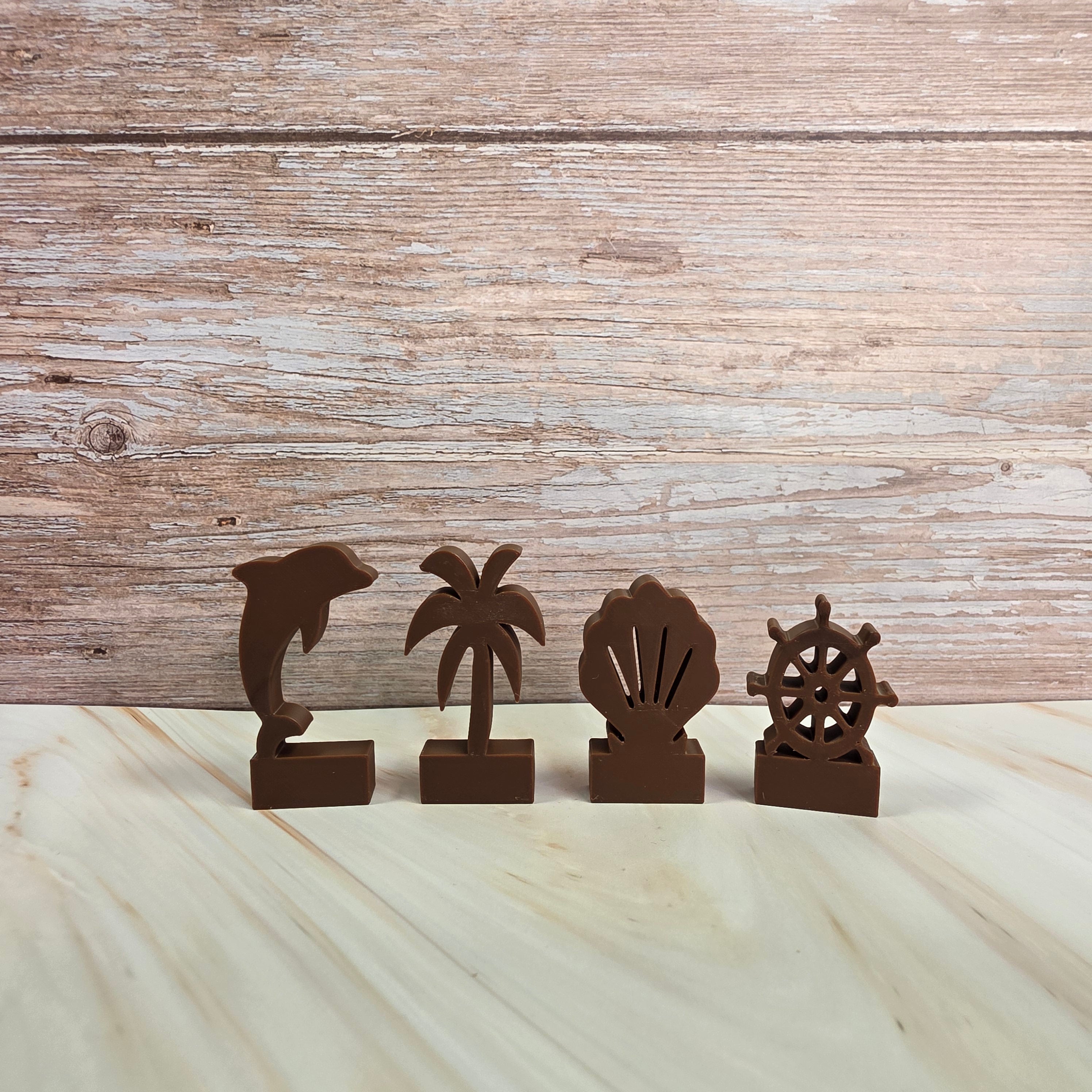 3D Druckdatei – Motivklötzchen Maritim – Muschel, Steuerrad, Delfin & Palme – STL