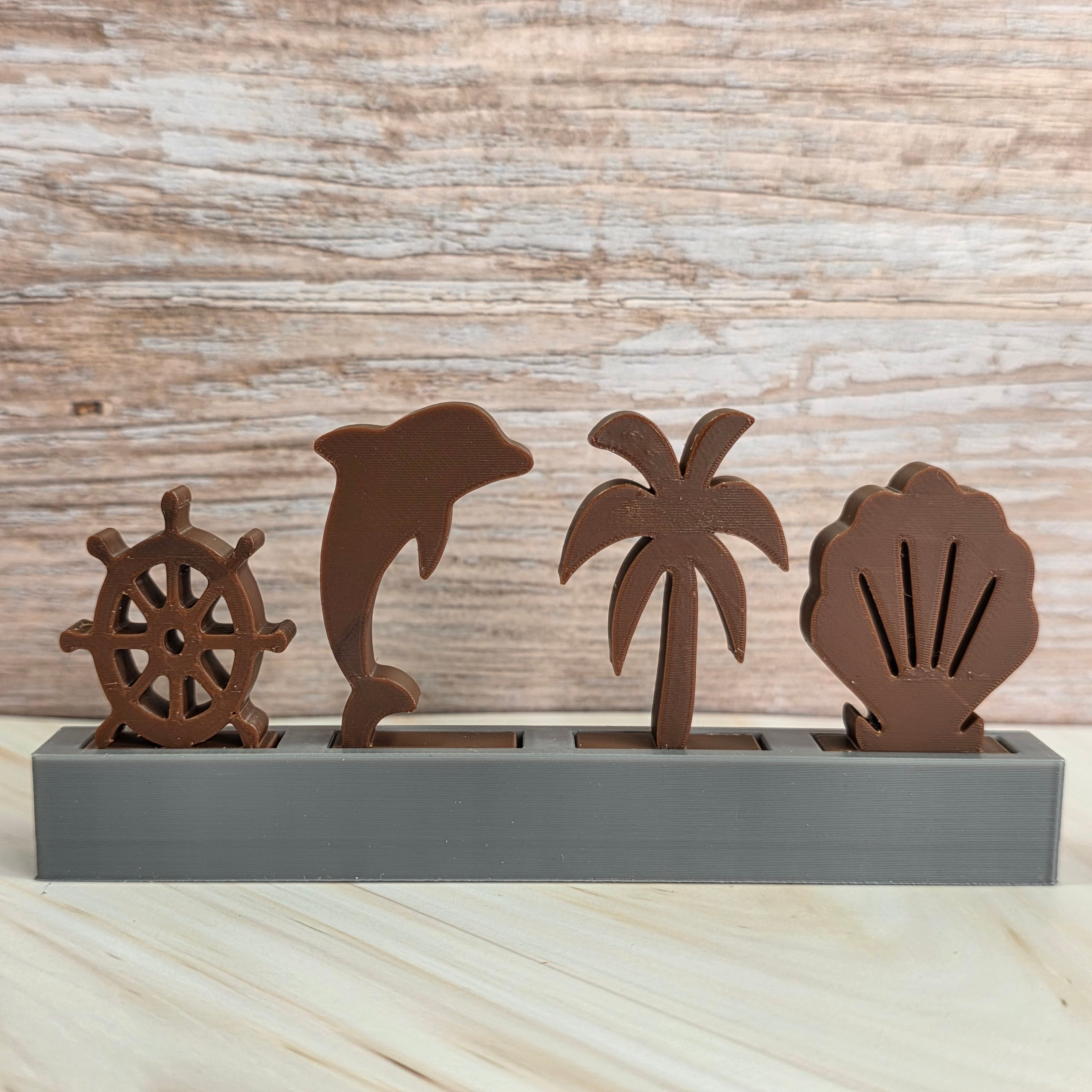 3D Druckdatei – Motivklötzchen Maritim – Muschel, Steuerrad, Delfin & Palme – STL