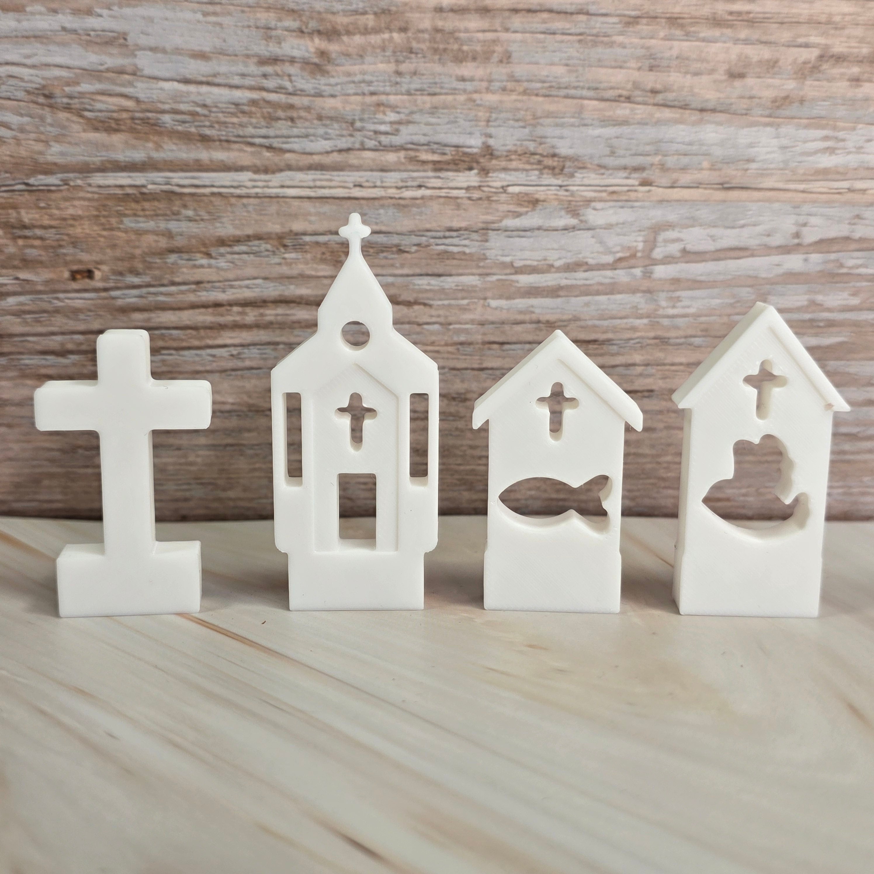 3D Druckdatei – Motivklötzchen Kirchenset – Kreuz, Kirche,Taube,Fisch - STL