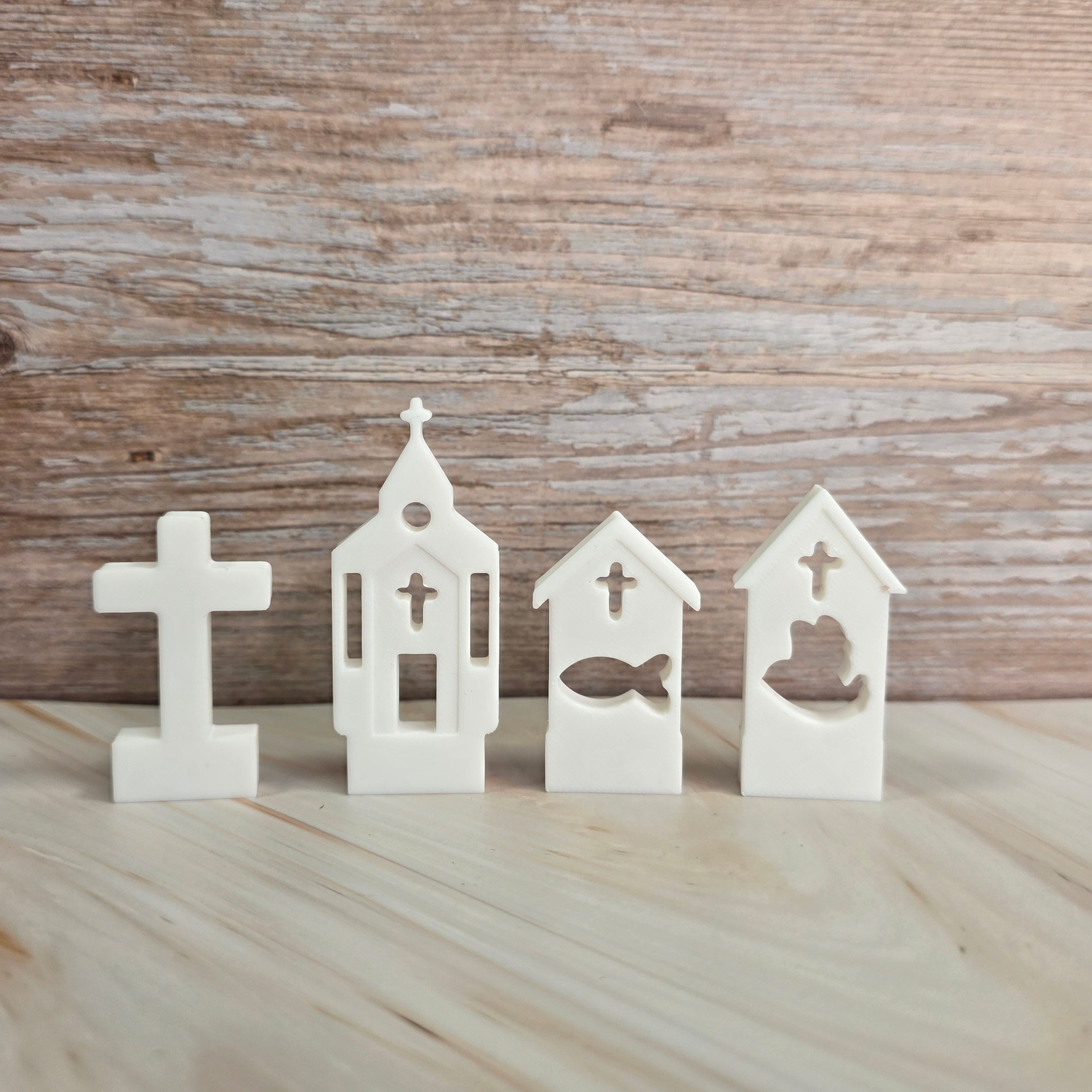 3D Druckdatei – Motivklötzchen Kirchenset – Kreuz, Kirche,Taube,Fisch - STL