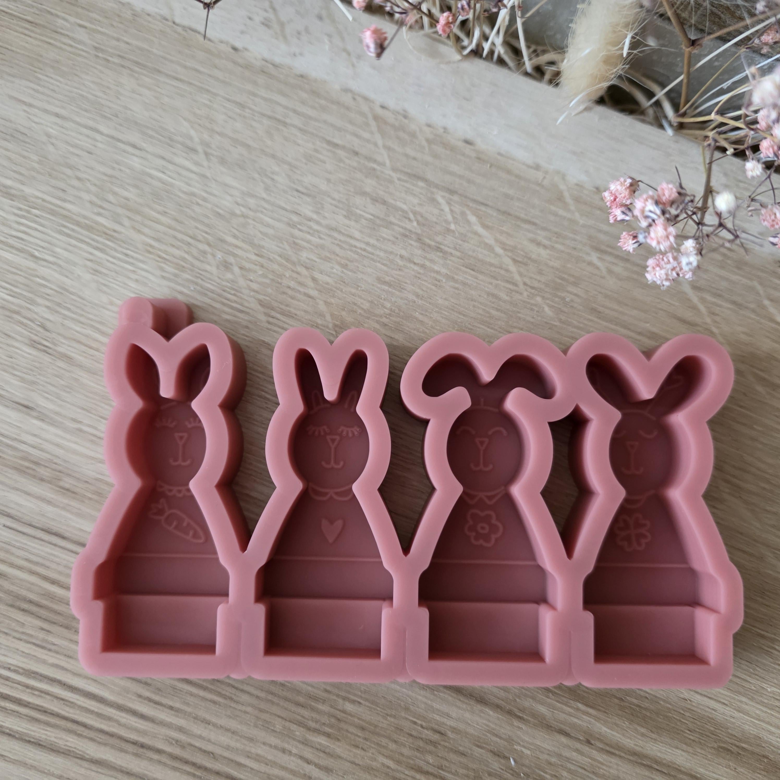 Silikon – Gießform – Steckform Hoppelquartett – 4 Hasen auf Mini-Sockel
