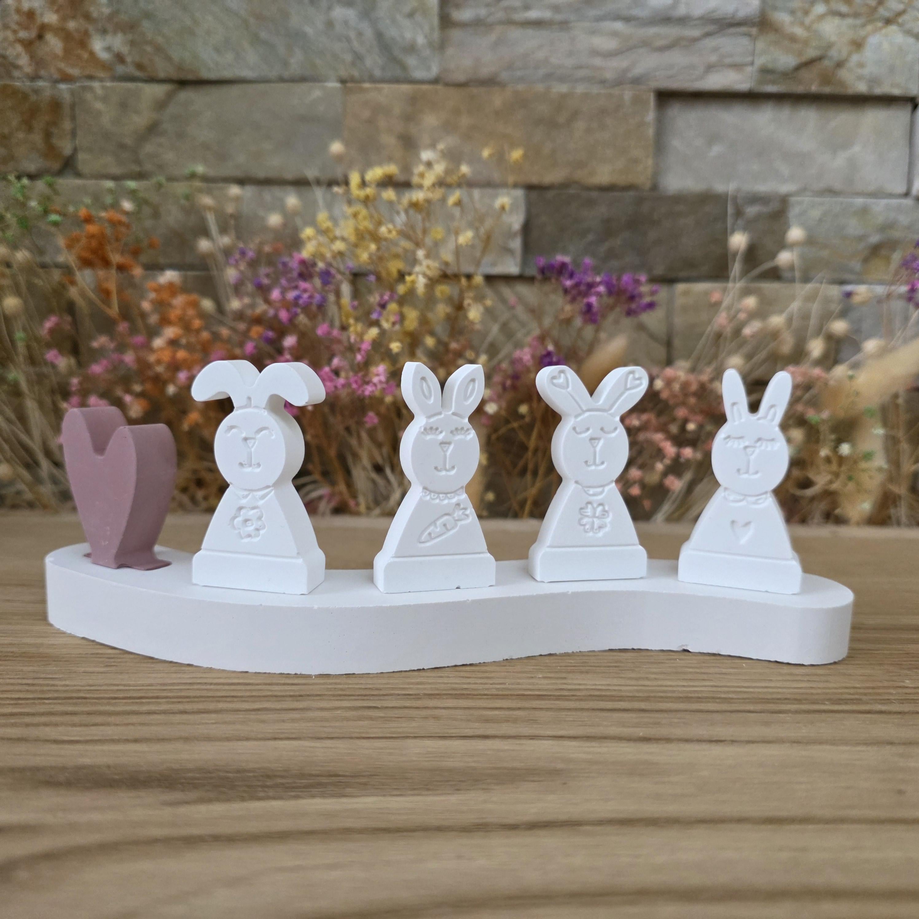 Silikon – Gießform – Steckform Hoppelquartett – 4 Hasen auf Mini-Sockel