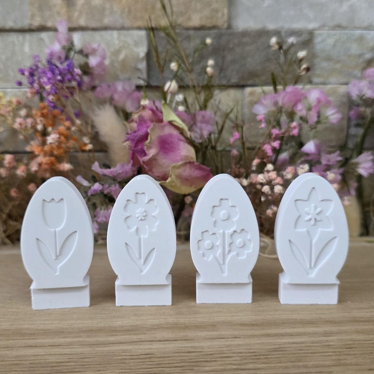 Silikon-Gießform Steckform Eier 4erSet mit Frühlingsblumen