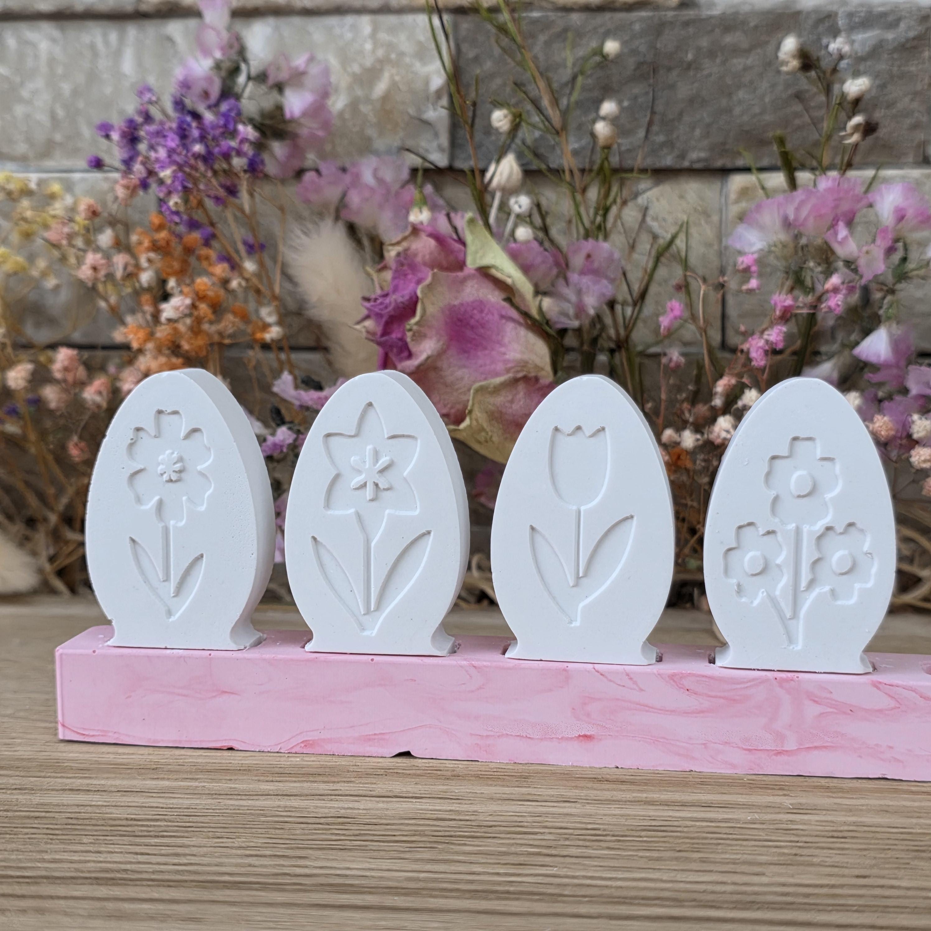 Silikon – Gießform – Steckform Eier 4er-Set – mit Frühlingsblumen